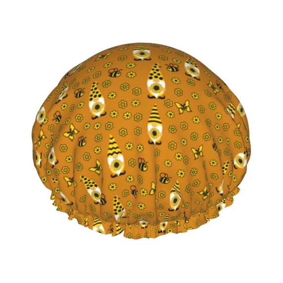 KLL Honey Bee Gnomes Pattern Shower Cap & Bath Cap for Women,Reversible Oversized Waterproof Shower Caps for all Hair Lengths,Elastic Reusable Bathing Hair Cap
