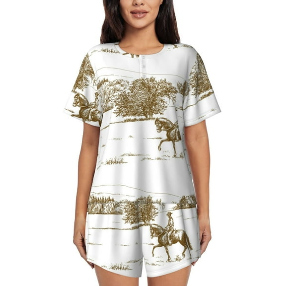 KLL Horse Rider In Field Print Pajama Set for Women Short Sleeve Sleepwear Pjs Soft 2 Piece Lounge Sleepwear Sets-Large