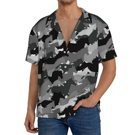 KLL Horse Silhouette Print Men's Shirt Short Sleeve Button Down Summer Cuba Beach Shirts- Medium