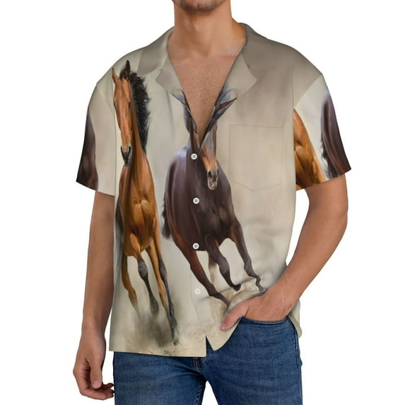 KLL Horses free run on desert Print Men's Shirt Short Sleeve Button Down Summer Cuba Beach Shirts-
