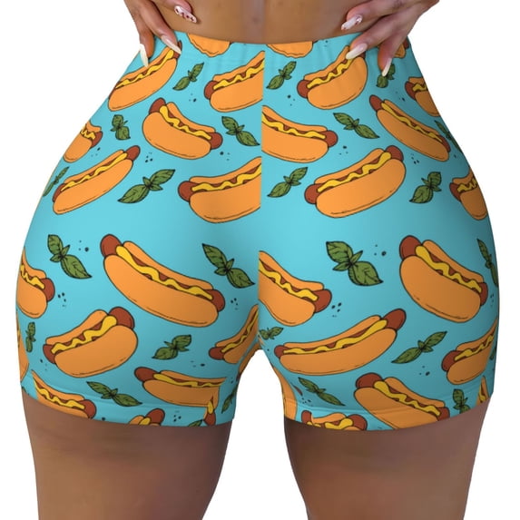 KLL Hot Dog 5 Pattern Workout Shorts for Women Scrunch Short Gym Yoga Running Sport Active Exercise Fitness Shorts