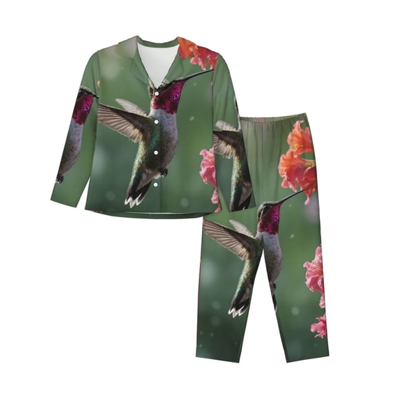 KLL Humming Bird 1 Print Women's Long Sleeve Pajamas with Pants Sleepwear Loungewear 2 Set-Medium
