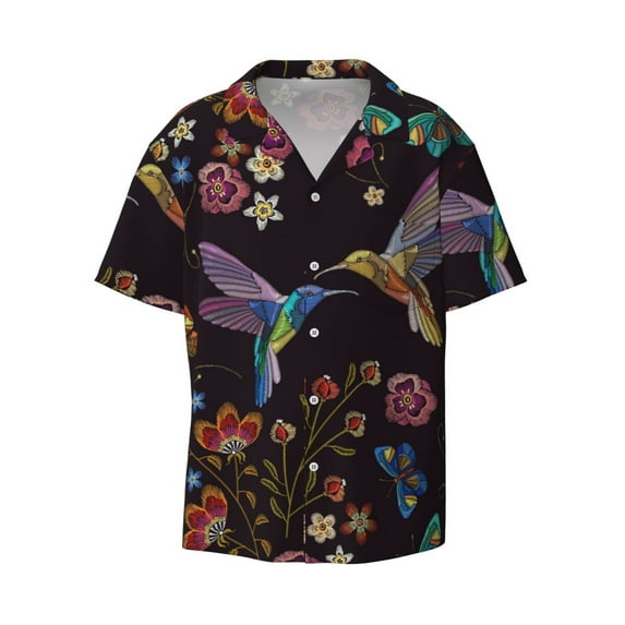 KLL Humming Bird Print Men's Shirt Short Sleeve Button Down Summer Cuba Beach Shirts- Small