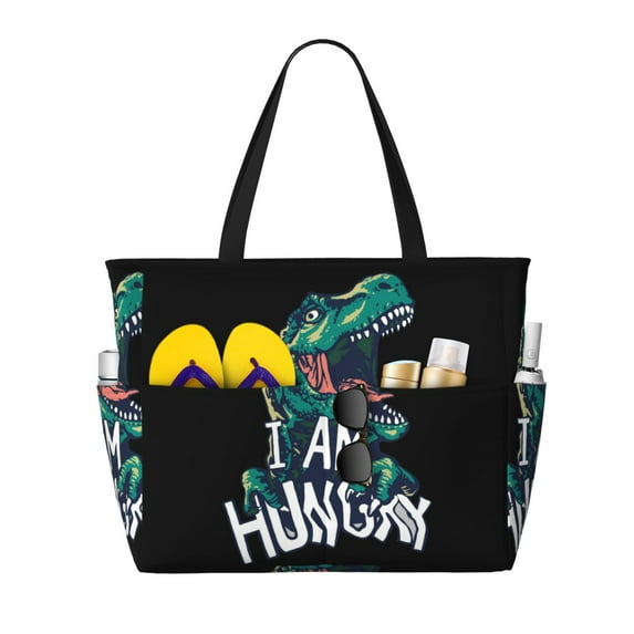 KLL Hungry Tyrannosaurus Print Large Beach Tote Bag Women Waterproof Sandproof Zipper Beach Tote Bag for Pool Gym Grocery Travel with Wet Pocket