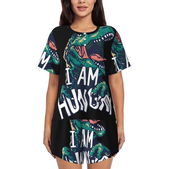 KLL Hungry Tyrannosaurus Print Pajama Set for Women Short Sleeve Sleepwear Pjs Soft 2 Piece Lounge Sleepwear Sets-Small