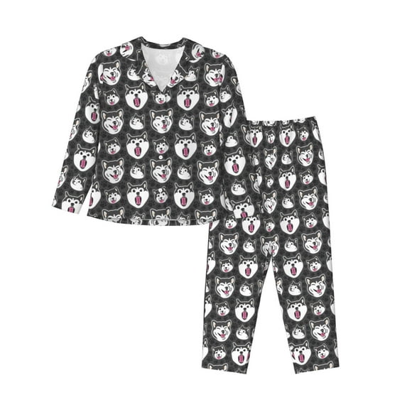 KLL Husky Print Women's Long Sleeve Pajamas with Pants Sleepwear Loungewear 2 Set-Small