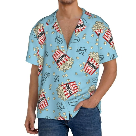 KLL I Am A Fan Popcorn Print Men's Shirt Short Sleeve Button Down Summer Cuba Beach Shirts- Large