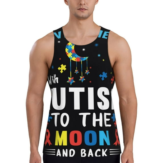KLL I Love With Autism To The Moon And Back Print Men's Muscle Gym Workout Stringer Tank Tops Bodybuilding Fitness T-Shirts Tank Tops Men-XX-Large