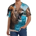 thumbnail image 1 of KLL Ice Blue Coastal Lion Print Men's Shirt Short Sleeve Button Down Summer Cuba Beach Shirts- Large, 1 of 5