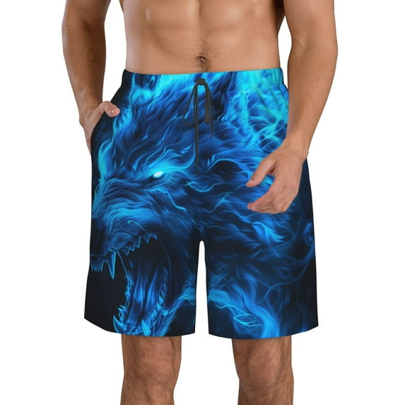 KLL Ice Blue Fire Wolf Men's Casual Summer Beach Shorts Hawaiian Shorts with Pockets-X-Large