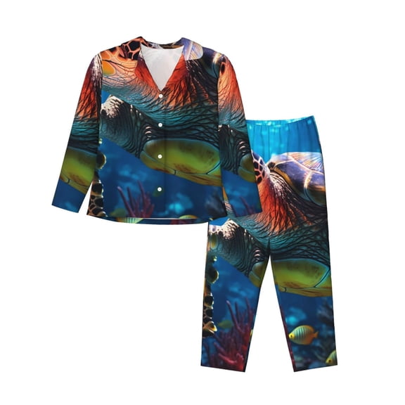 KLL Ice Blue Ocean Sea Turtle Print Women's Long Sleeve Pajamas with Pants Sleepwear Loungewear 2 Set-Medium