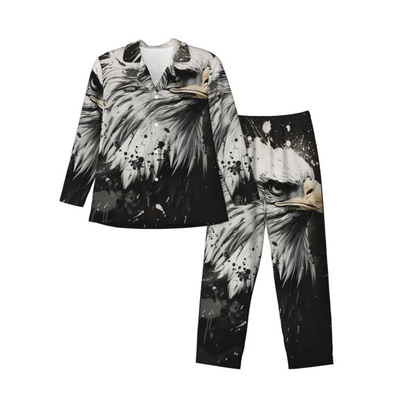 KLL Ink Style Bald Eagle Sleepwear Mens Flannel Pajamas,Long Cotton Pj Set