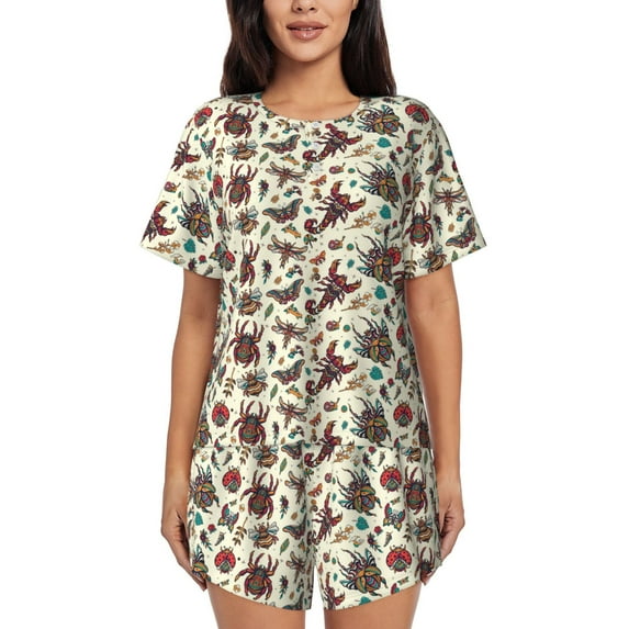 KLL Insects A Print Pajama Set for Women Short Sleeve Sleepwear Pjs Soft 2 Piece Lounge Sleepwear Sets-Large