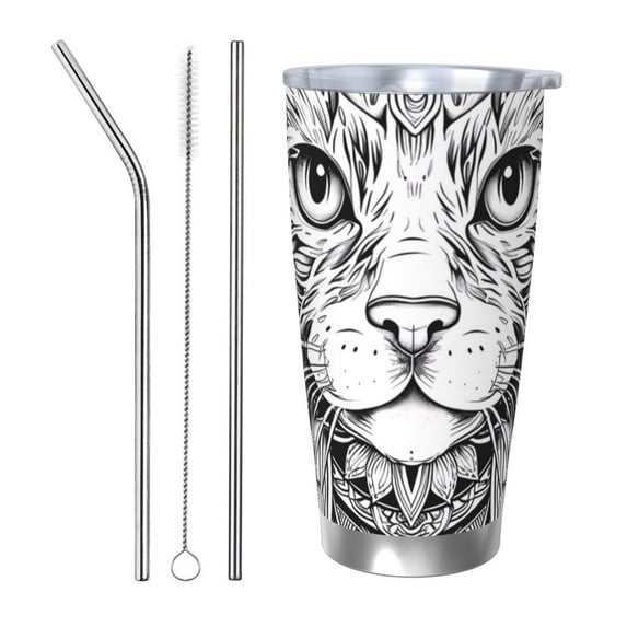KLL Intricate Cat Mandala Print 40oz Stainless Steel Insulated Car Cup with Spillproof Lid - Keep Your Drink Hot or Cold on the Go-Straw Three-piece Set