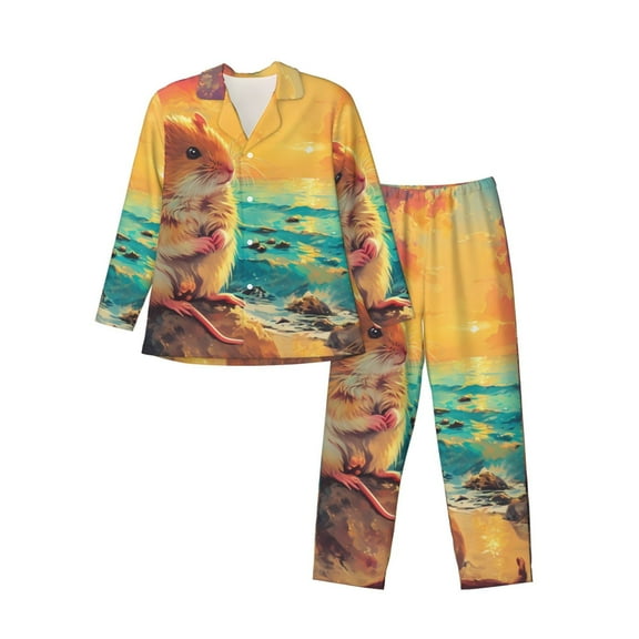 KLL Island Beach Guinea Pig Sleepwear Mens Flannel Pajamas,Long Cotton Pj Set