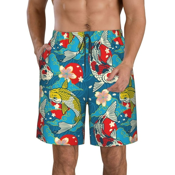 KLL Japanese Koi Men's Casual Summer Beach Shorts Hawaiian Shorts with Pockets-X-Large
