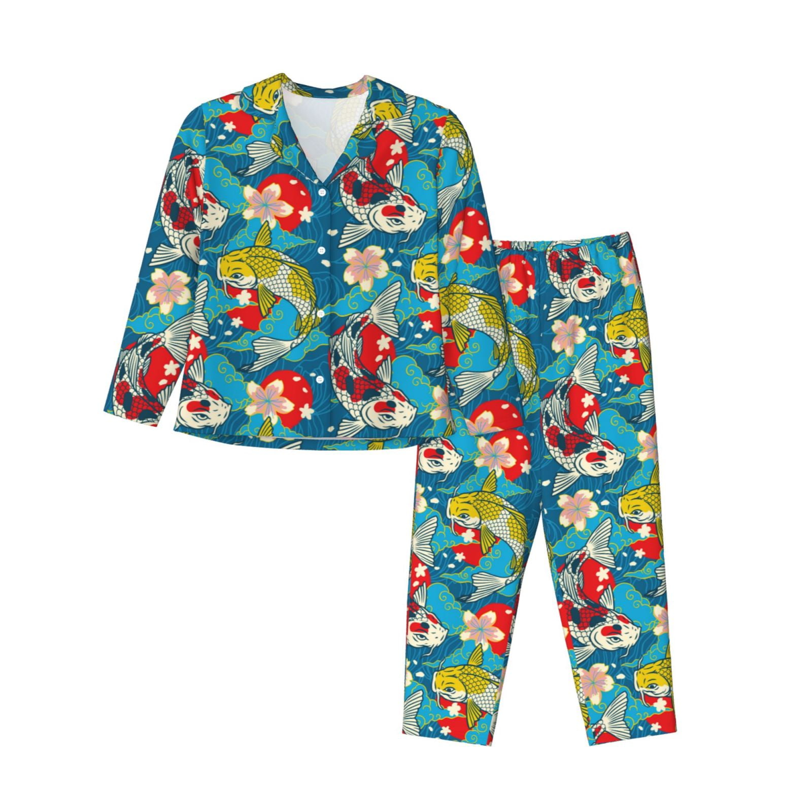 KLL Japanese Koi Print Women's Long Sleeve Pajamas with Pants Sleepwear
