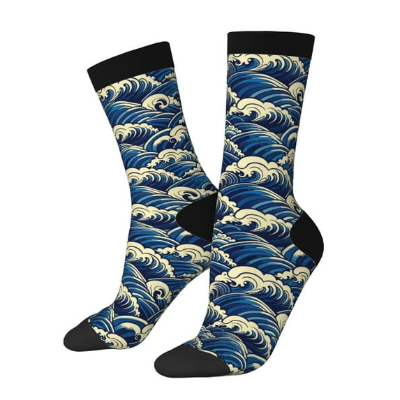 KLL Japanese Water Wave Print Cool Socks Men's Women's Crew Socks Funny Crazy Novelty Stockings