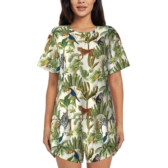 KLL Jungle Animals Print Pajama Set for Women Short Sleeve Sleepwear Pjs Soft 2 Piece Lounge Sleepwear Sets-4X-Large
