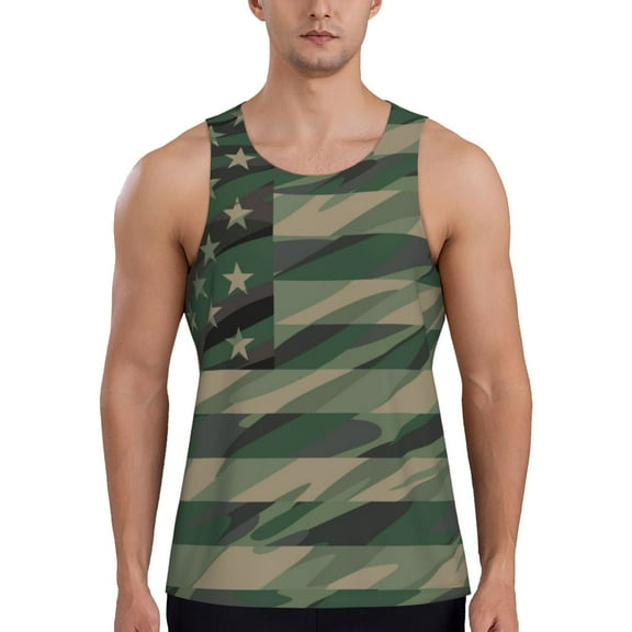KLL Jungle Green Camo USA Flag Print Men's Muscle Gym Workout Stringer Tank Tops Bodybuilding Fitness T-Shirts Tank Tops Men-Medium