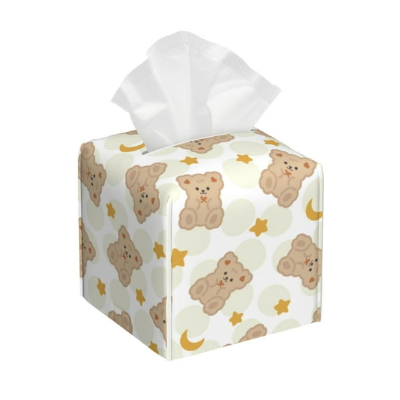 KLL Kawaii Bear Print Tissue Box Cover,Leather Tissue Holder Square Facial Tissue Case Facial Paper Organizer Dispenser for Bathroom, Vanity Countertop
