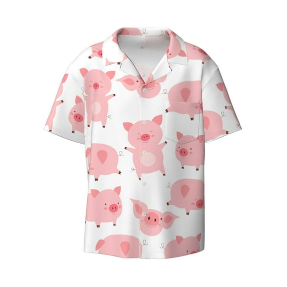 KLL Kawaii Pigs Print Men's Shirt Short Sleeve Button Down Summer Cuba Beach Shirts- 4X-Large