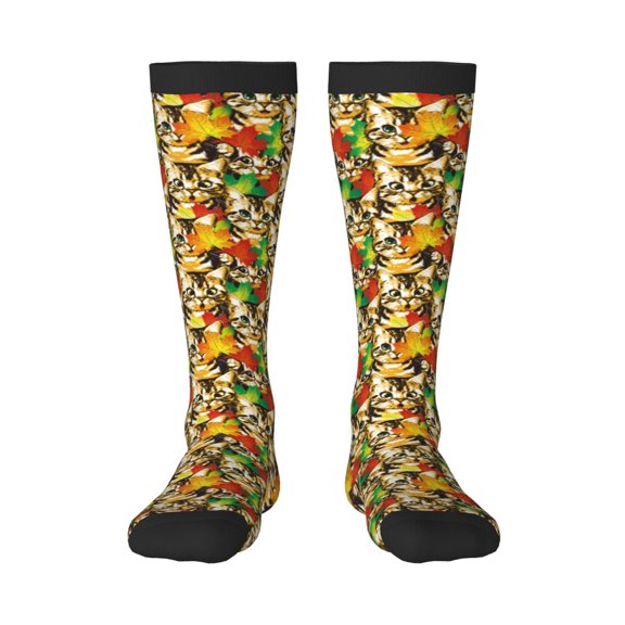 KLL Kittens With Maple Leaves Print Cool Socks Men's Women's Crew Socks Funny Crazy Novelty Stockings
