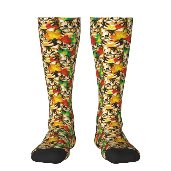 KLL Kittens With Maple Leaves Print Cool Socks Men's Women's Crew Socks Funny Crazy Novelty Stockings