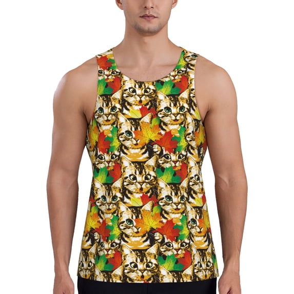 KLL Kittens With Maple Leaves Print Men's Muscle Gym Workout Stringer Tank Tops Bodybuilding Fitness T-Shirts Tank Tops Men-Small