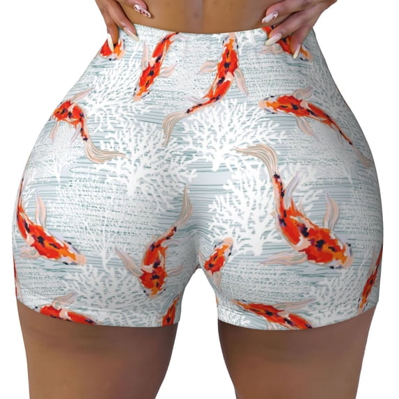 KLL Koi Fish Corals,Spring Summer Pattern Workout Shorts for Women Scrunch Short Gym Yoga Running Sport Active Exercise Fitness Shorts