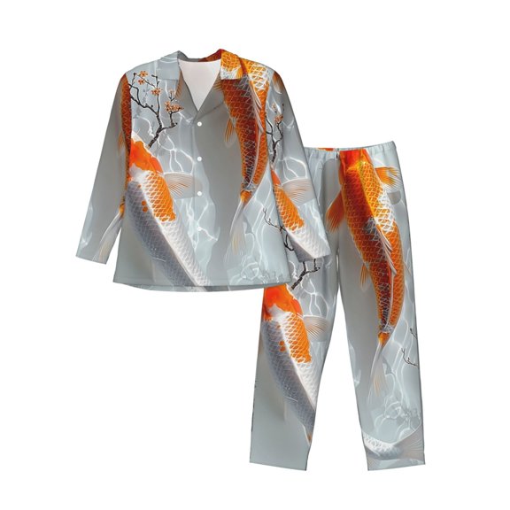 KLL Koi Fish Water Sleepwear Mens Flannel Pajamas,Long Cotton Pj Set