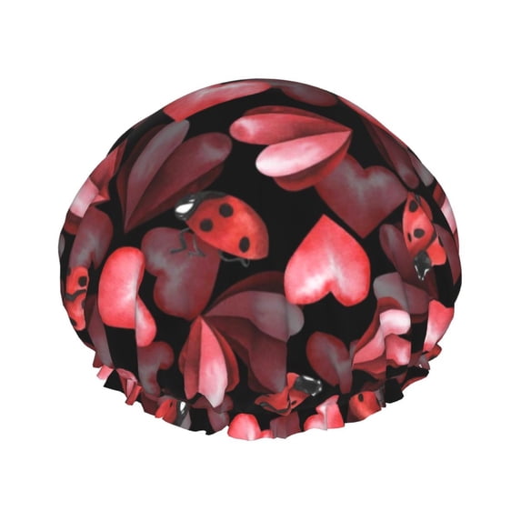 KLL Ladybugs and Red Hearts Pattern Shower Cap & Bath Cap for Women,Reversible Oversized Waterproof Shower Caps for all Hair Lengths,Elastic Reusable Bathing Hair Cap