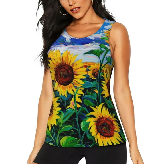 KLL Landscape With Sunflowers Print Womens Tank Top Sleeveless Workout Tops Athletic Running Shirts Yoga Gym Clothes-Medium