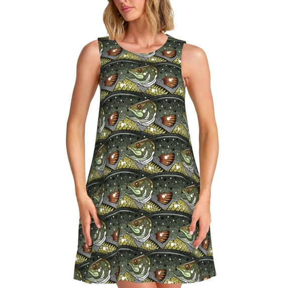 KLL Largemouth Bass Fish Pattern Womens Summer Dresses 2025,Loose Round Neck Sleeveless Sundresses Tank Dresses with Pockets