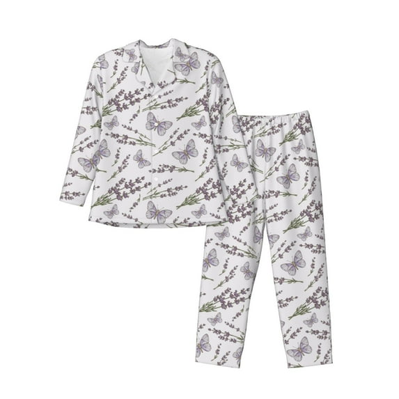 KLL Lavender And Butterfly Sleepwear Mens Flannel Pajamas,Long Cotton Pj Set