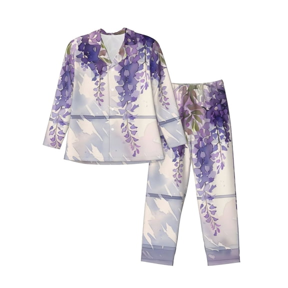 KLL Lavender Blooms Window Sleepwear Mens Flannel Pajamas,Long Cotton Pj Set