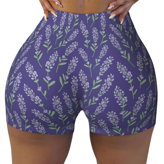 KLL Lavender Flowers Pattern Workout Shorts for Women Scrunch Short Gym Yoga Running Sport Active Exercise Fitness Shorts