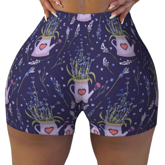 KLL Lavender Flowers Pattern Workout Shorts for Women Scrunch Short Gym Yoga Running Sport Active Exercise Fitness Shorts