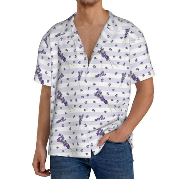 KLL Lavender Flowers Print Men's Shirt Short Sleeve Button Down Summer Cuba Beach Shirts- 4X-Large