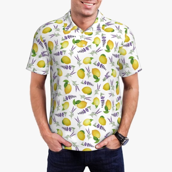 KLL Lavender Flowers Print Men's Short Sleeve Golf Polo,Three-Button Polo Shirts Summer Fashion Golf Shirt-Small