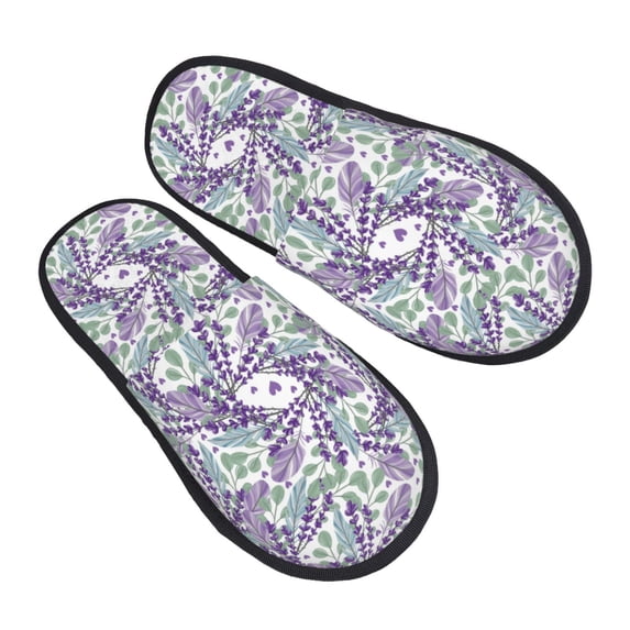 KLL Lavender Flowers Slippers for Women Men House Slip on Indoor Outdoor Bedroom Furry Fleece Lined Ladies Comfy Anti-Skid Rubber Hard Sole-Medium