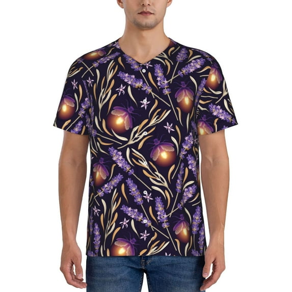 KLL Lavender Flowers for Men's Baseball Shirts,Short Sleeve Casual Shirts Button Down Shirt for Men Beach Summer Wedding Shirt-Large