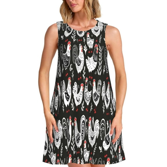 KLL Laying Hens And Roosters Pattern Womens Summer Dresses 2025,Loose Round Neck Sleeveless Sundresses Tank Dresses with Pockets