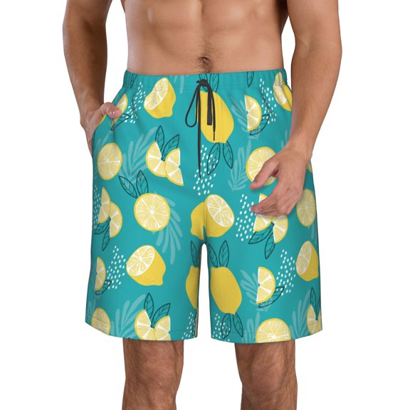KLL Lemon Blue Men's Casual Summer Beach Shorts Hawaiian Shorts with Pockets-3X-Large