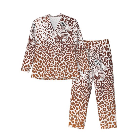 KLL Leopard Brown Sleepwear Mens Flannel Pajamas,Long Cotton Pj Set