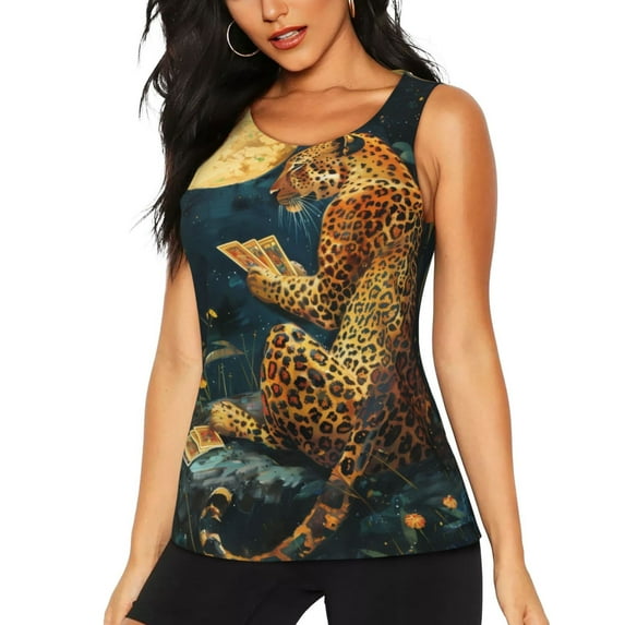 KLL Leopard Reading Tarot Cards Print Womens Tank Top Sleeveless Workout Tops Athletic Running Shirts Yoga Gym Clothes-Small