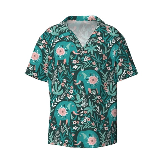 KLL Lephants in the Jungle Print Men's Shirt Short Sleeve Button Down Summer Cuba Beach Shirts- 3X-Large