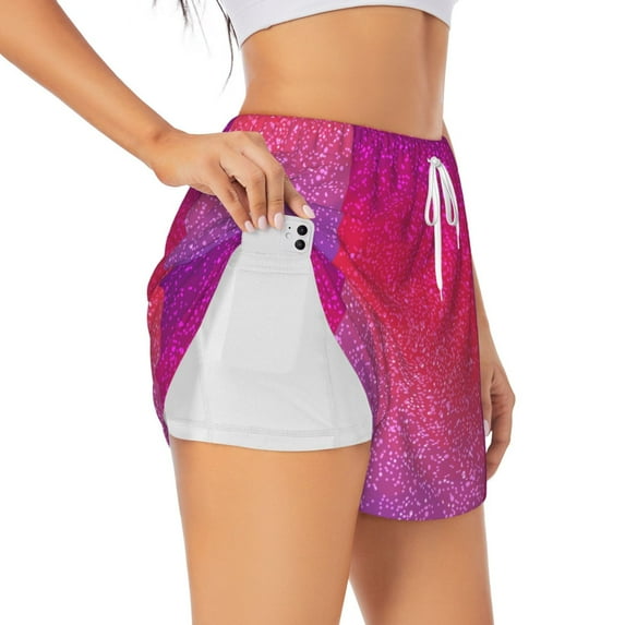 KLL Light Purple Glitter Pattern Shorts Women,Athletic Shorts High Waisted Running Shorts Pocket Sporty Short Gym Elastic Workout Shorts-Medium