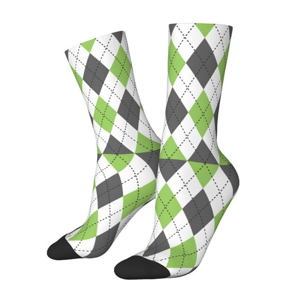 KLL Light green and black argyle Print Cool Socks Men's Women's Crew Socks Funny Crazy Novelty Stockings