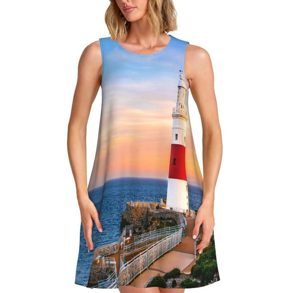 KLL Lighthous1 Pattern Womens Summer Dresses 2025,Loose Round Neck Sleeveless Sundresses Tank Dresses with Pockets